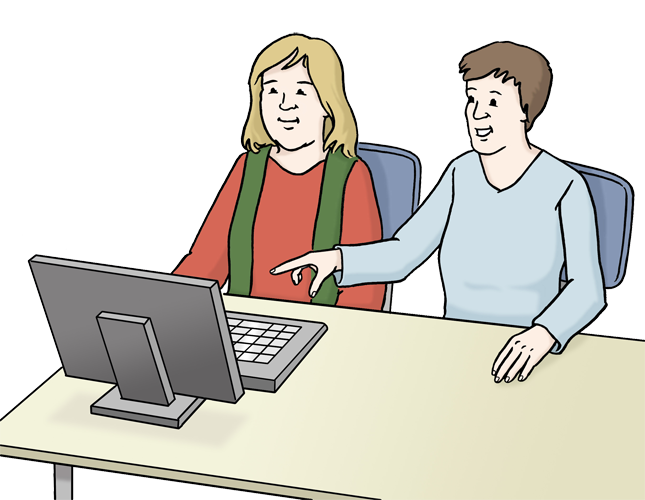Grafik: Zwei Personen vor Computer, die eine hilft der anderen