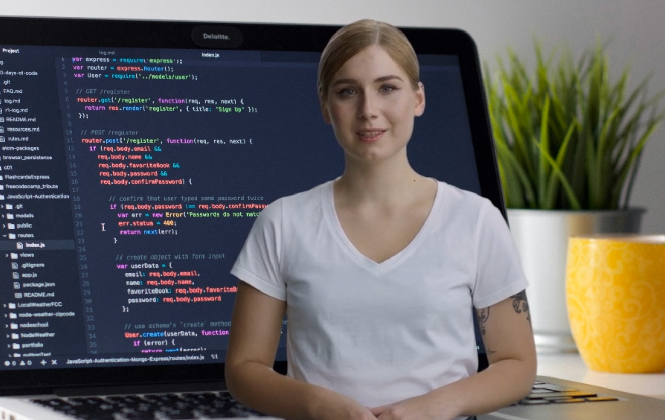 Screenshot: Ein KI-Avatar von einer jungen Frau steht vor einem Bildhntergrund mit einem Laptop