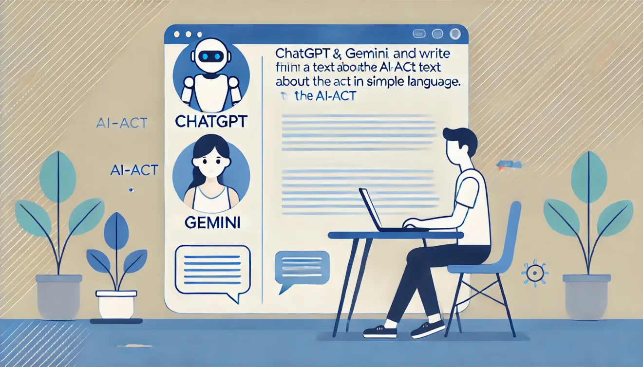 KI-generierte Grafik: eine Person arbeitet an Schreibtisch. An der Wand ist ein großes Chatfendter mit dem AI-Act, ChatGPT und Gemini