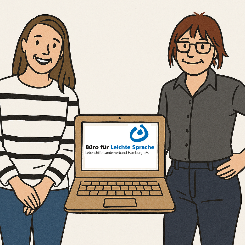 KI-Grafik im Stil Leichte Sprache: 2 Mitarbeiterinnen halten einen Laptop. Der Bildschirm zeigt das Logo vom Büro für Leichte Sprache Hamburg