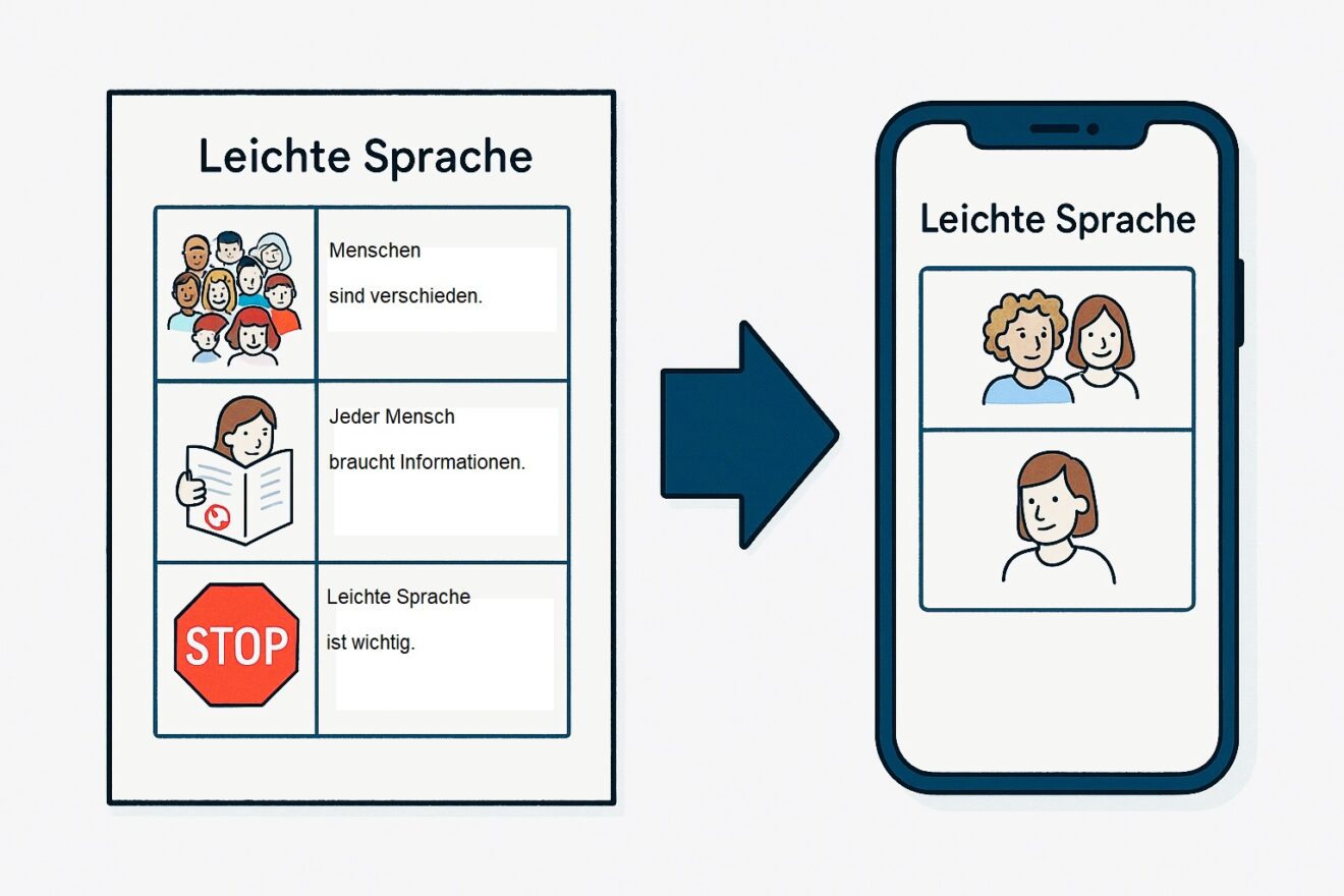 KI-Grafik. Links ein Blatt mit Leichter Sprache im Tabellenformat- links Bild, rechts Text. ein Pfeil zeigt auf das rechte Motiv: Ein Smartphone mit Text "Leichte Sprache" udn großen grafiken.