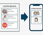 KI-Grafik. Links ein Blatt mit Leichter Sprache im Tabellenformat- links Bild, rechts Text. ein Pfeil zeigt auf das rechte Motiv: Ein Smartphone mit Text "Leichte Sprache" udn großen grafiken.