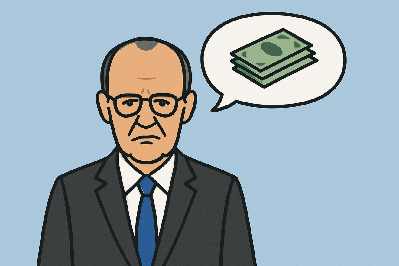 KI-Grafik: Ein Mann im Anzug redet über Geld.