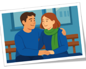 Grafik: Ein Mann und eine Frau sitzen auf einer Bank. Sie schauen sich an und halten ihre Hände. Die Frau trägt einen grünen Schal.