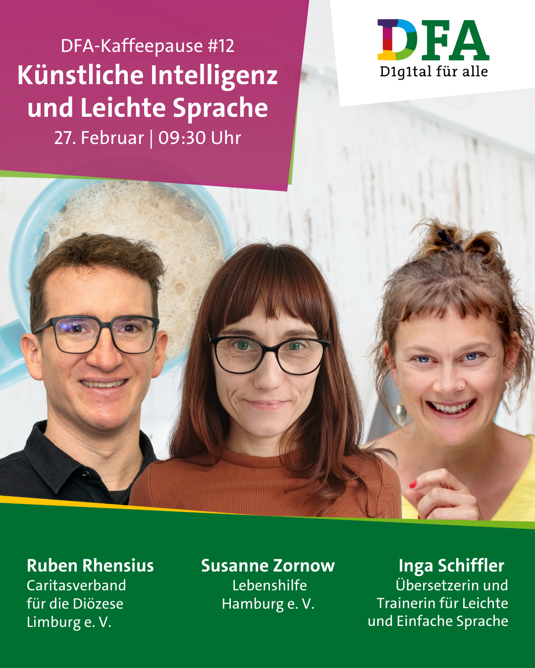 Veranstaltungsankündigung: DFA-Kaffeepause #12: Künstliche Intelligenz und Leichte Sprache | 27. Februar, 09:30