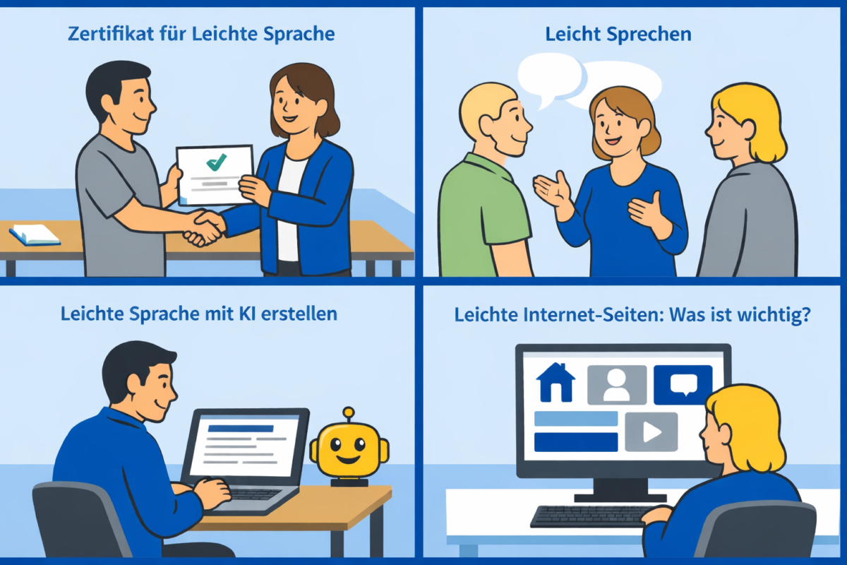 4 Bilder zeigen die Angebote: Zertifikat für Leichte Sprache, LEicht Sprechen, KEichte Sprache mit KI erstellen, Leichte Internet-Seiten- was ist wichtig?